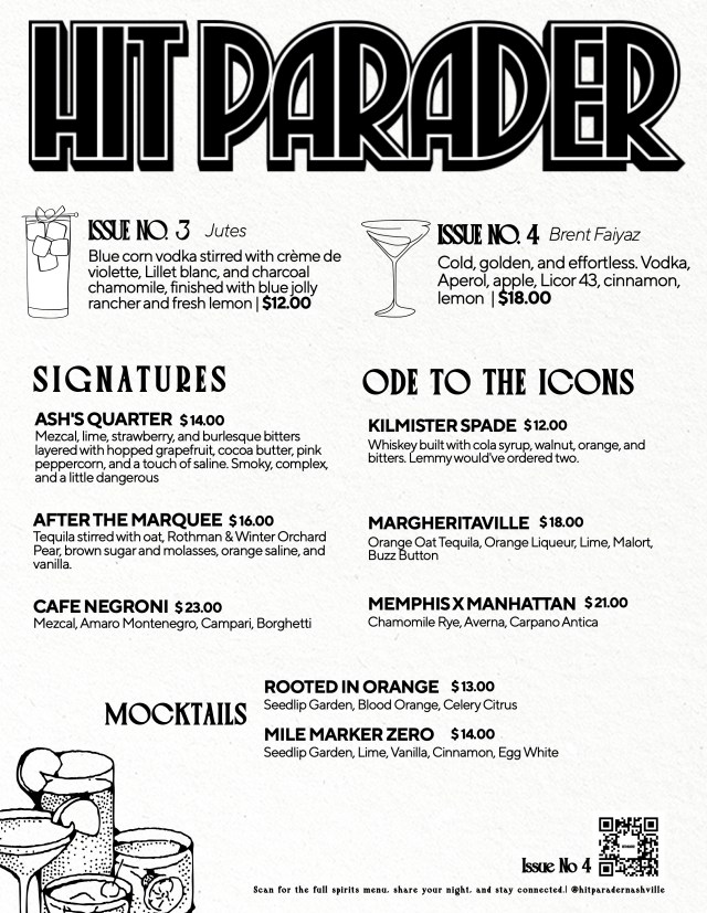 Hit Parader Nashville Drink Menu