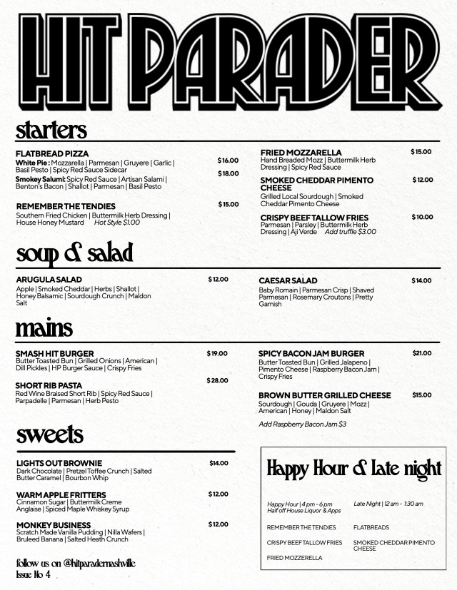 Hit Parader Nashville Food Menu