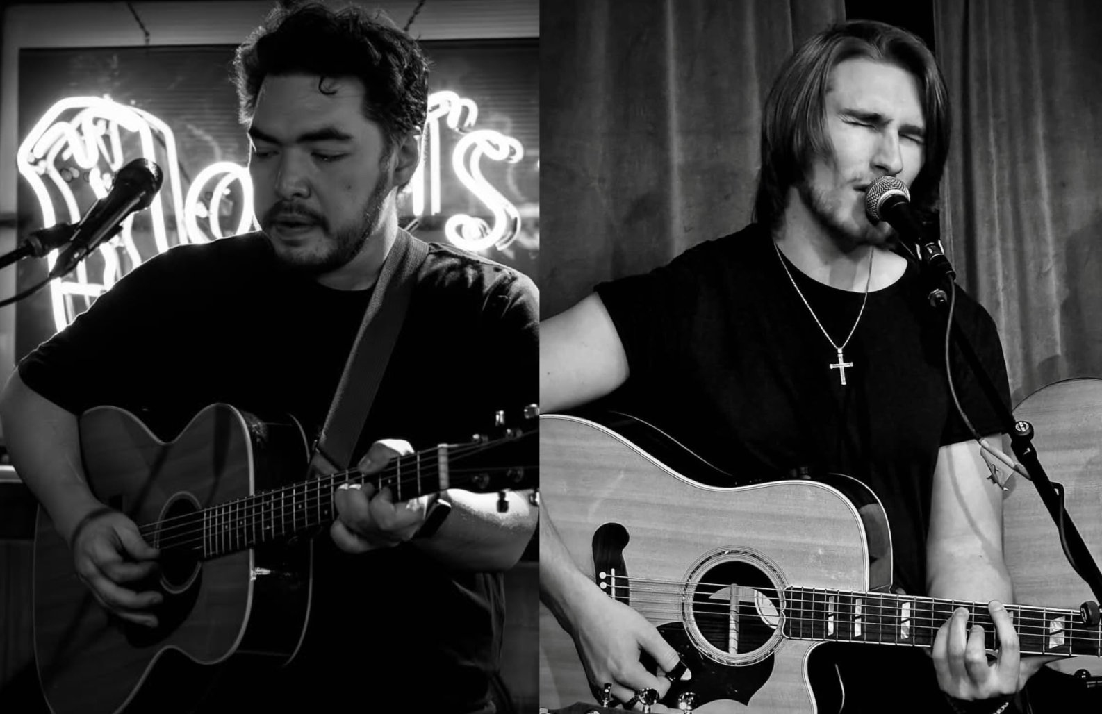 Black and white photos of two people playing acoustic guitar
